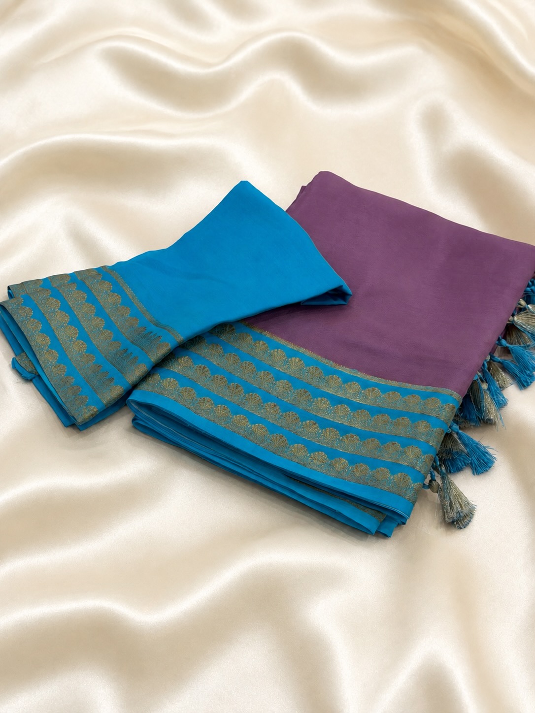 Pure Purple Mysore Silk Saree with Turquoise Blue Pallu and Traditional Golden Zari Border