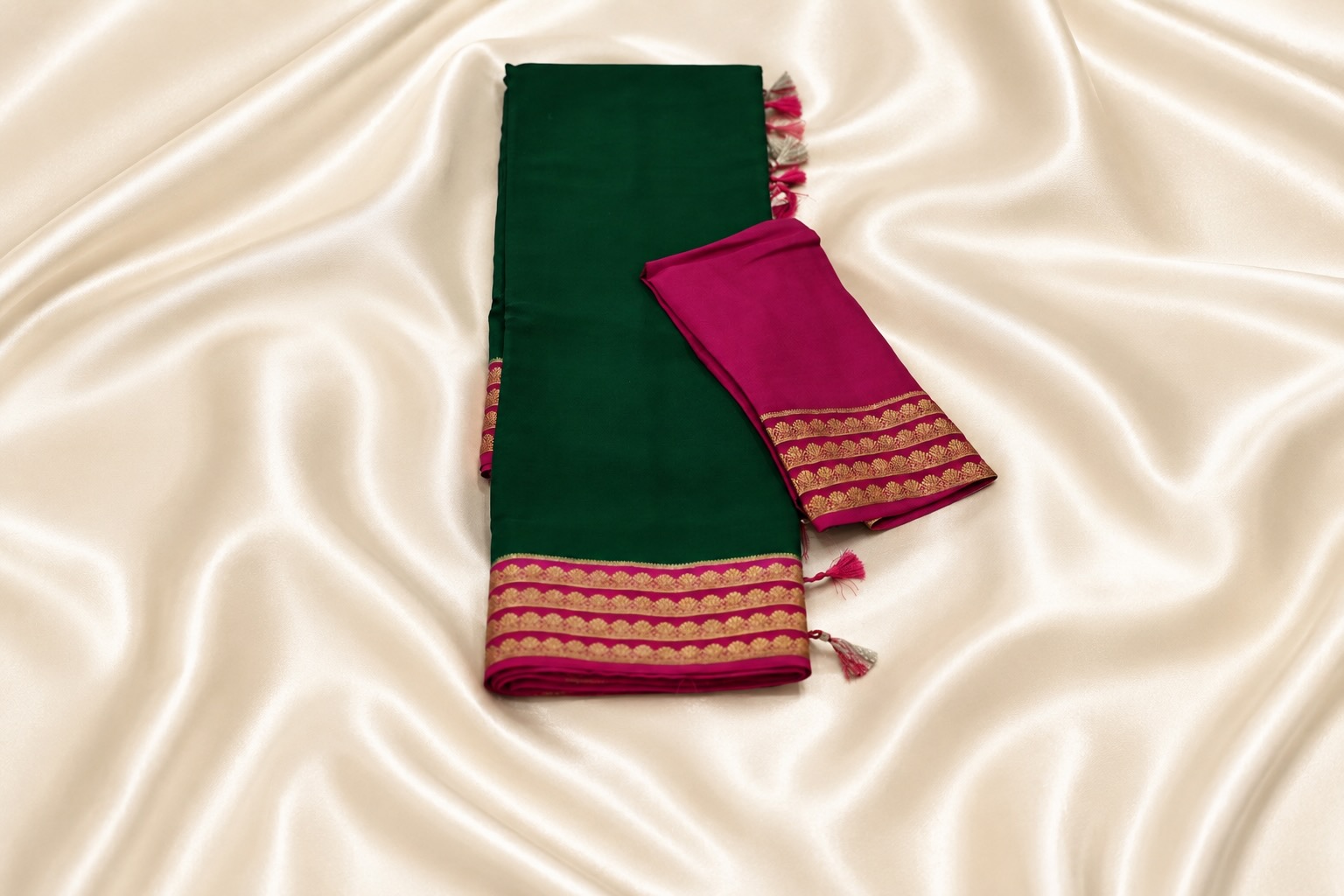 Pure Rich Emerald Green Mysore Silk Saree with Rani Pink Pallu detailed with Zari Stripes and Golden Zari Border