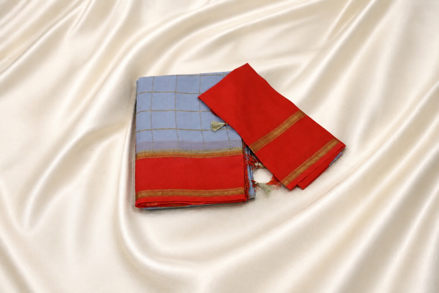 Pure Grayish Powder Blue & Red Mysore Silk Saree with Golden Zari Checks Allover