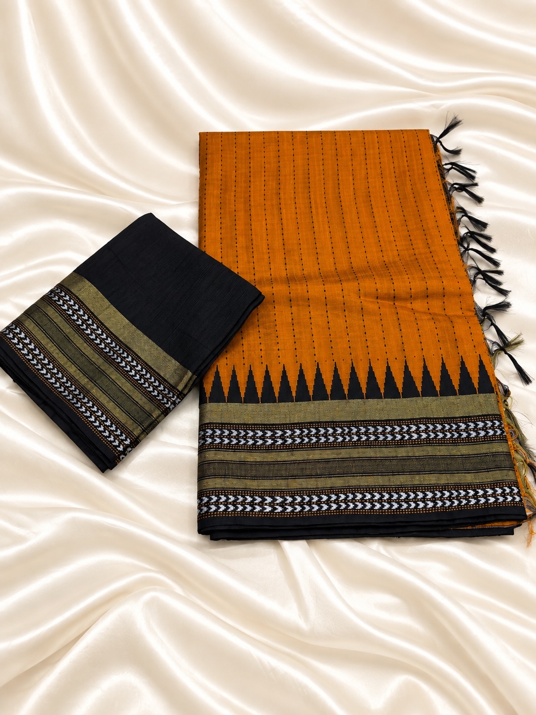 Rust Orange Raw Silk with Vertical Kantha Work Allover Saree