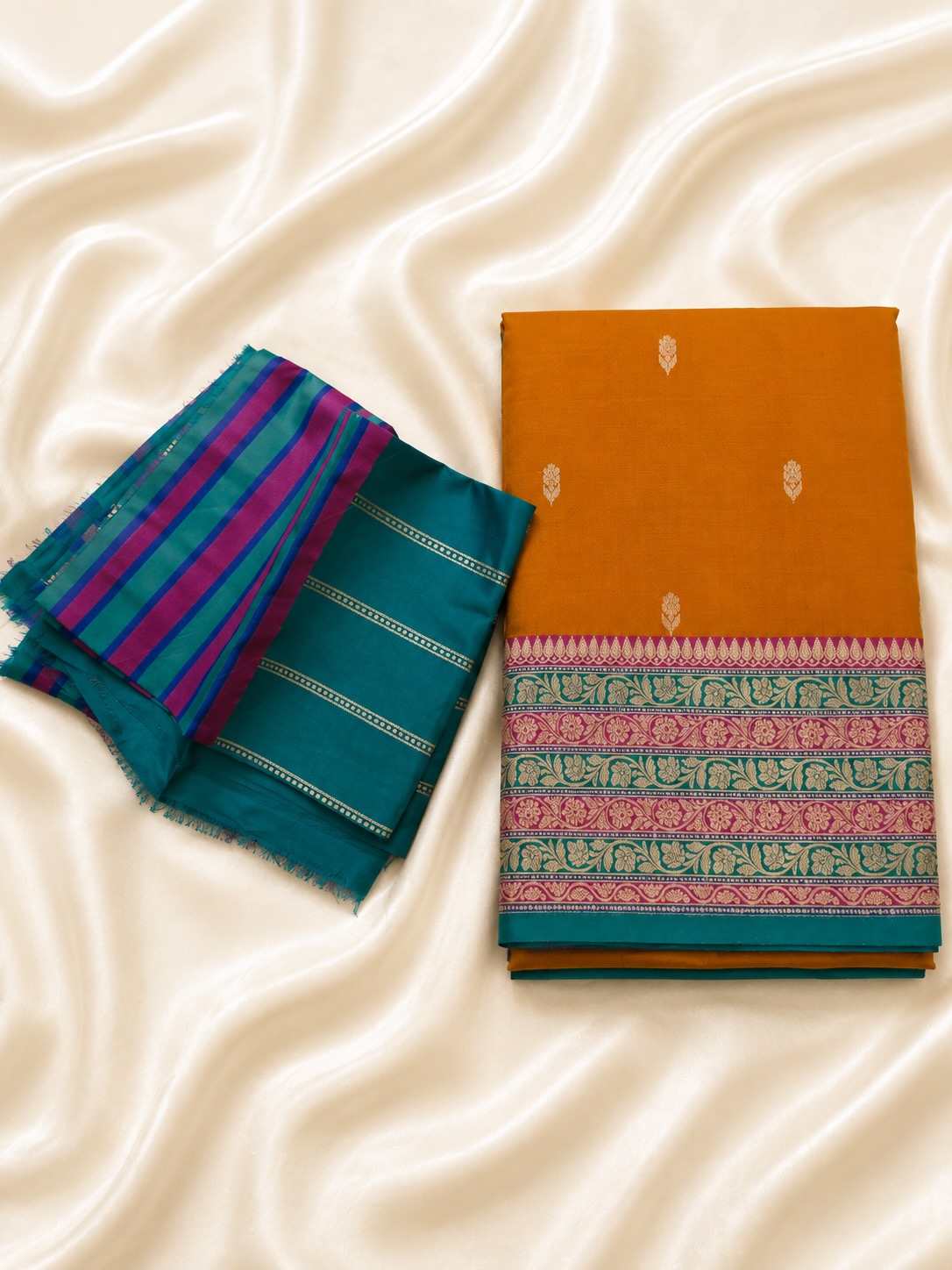 Katan Multi Border Golden Buti Allover Deep Mustard