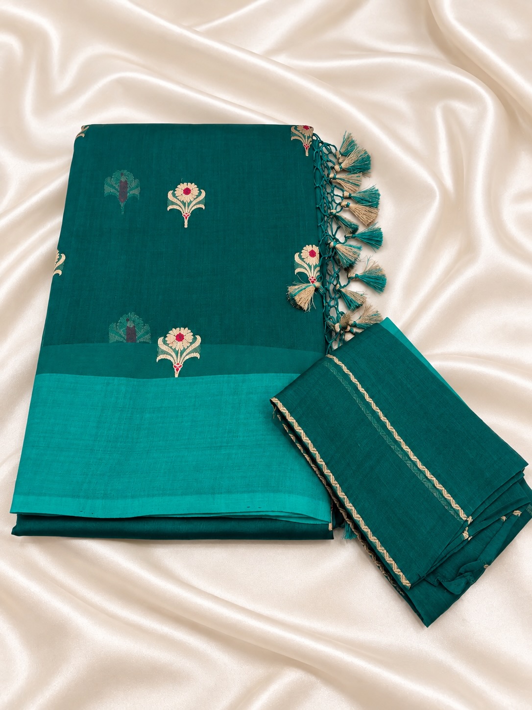 Deep Peacock Teal Green Raw Mango Kora Benarasi Saree with Minakari Buta Allover