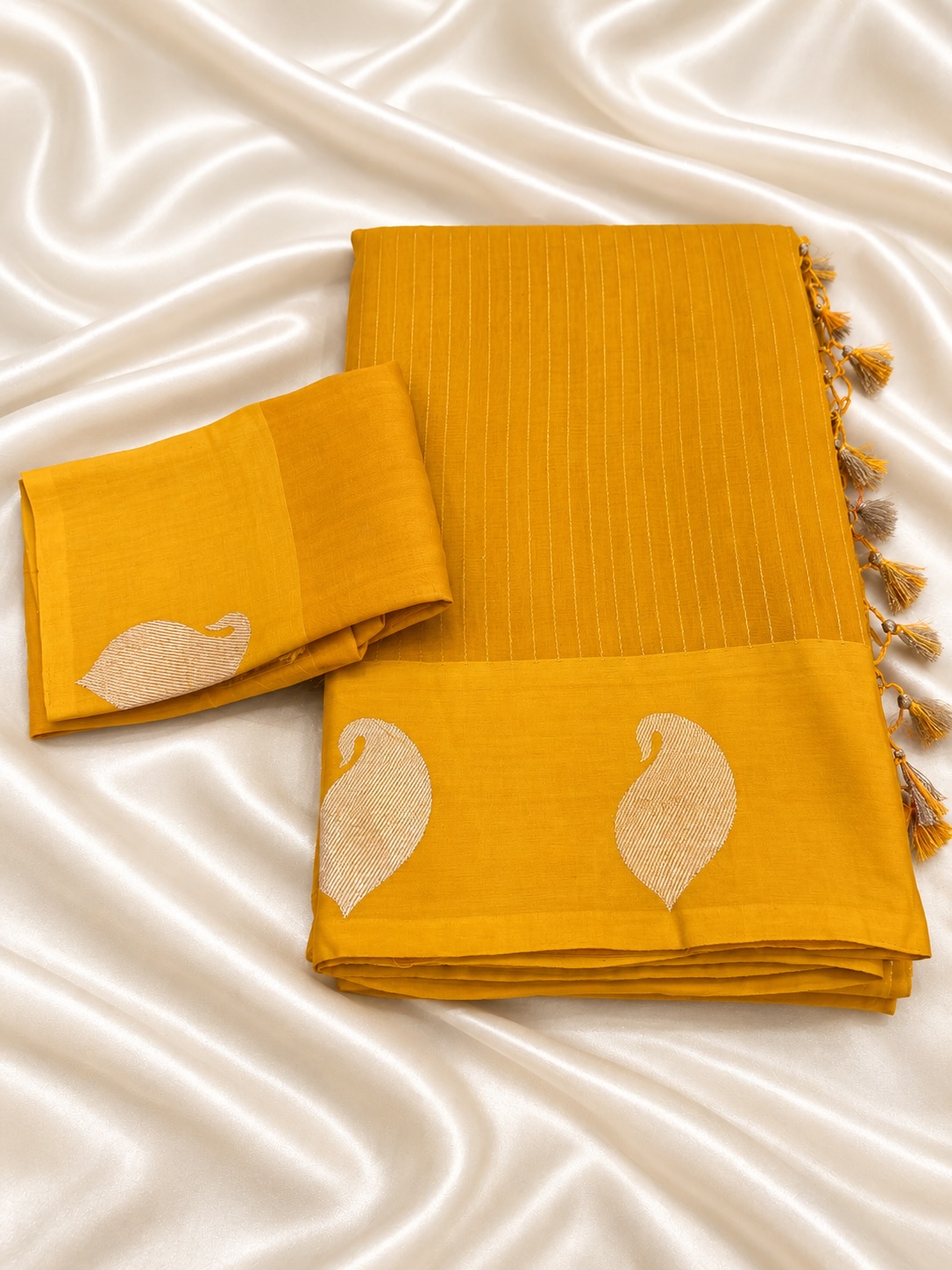 Turmeric Yellow Raw Mango Kora Benarasi Saree with Zari Stripe Allover