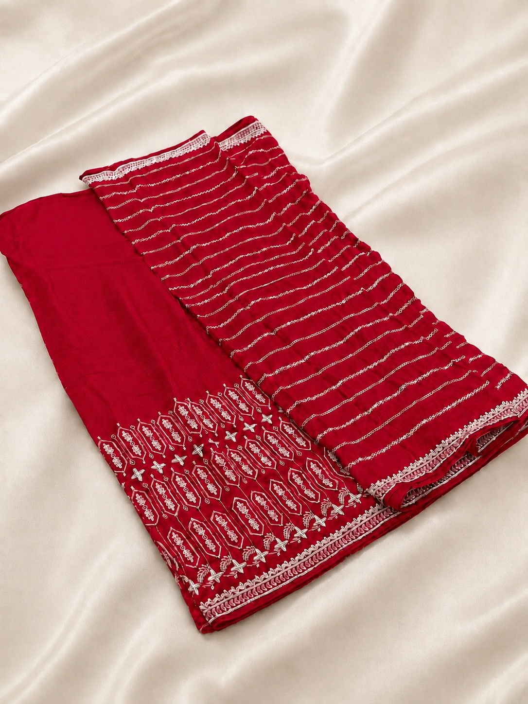 Deep Raspberry Red Hand Embroidered Saree with Silver Embroidery