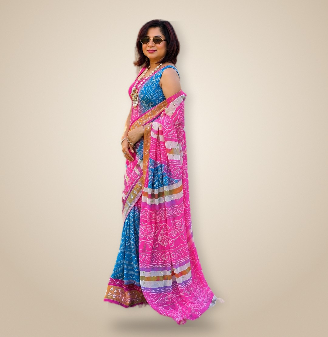 Sonali, founder of Ameyaa Collections, in a pink and blue bandhani sequence saree