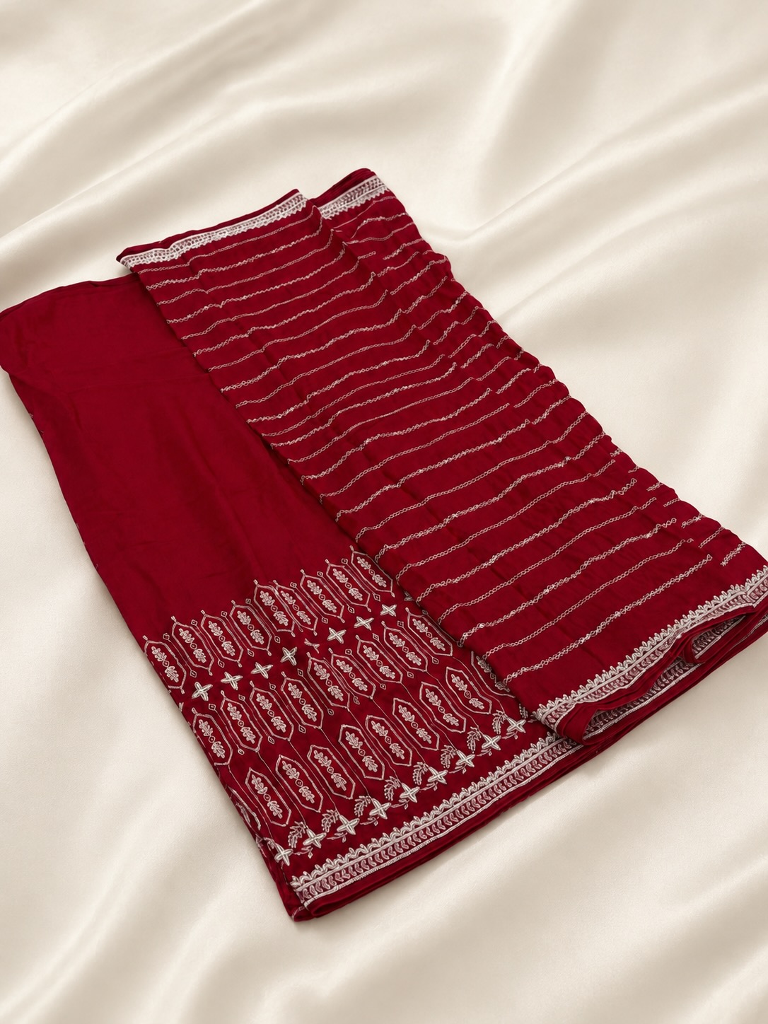 Deep Crimson Red Hand Embroidered Saree with Silver Embroidery